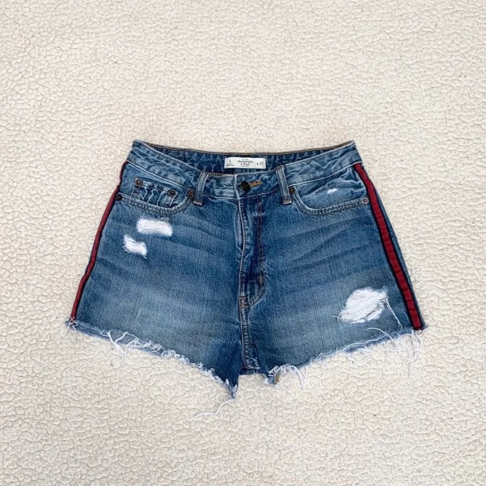Abercrombie and Fitch Zoe High Rise Distressed Red Stripe Shorts